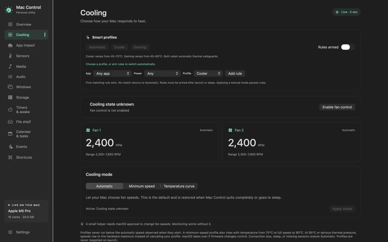 Mac Control screenshot: cooling
