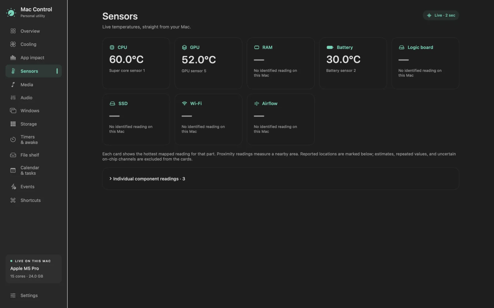 Mac Control screenshot: sensors