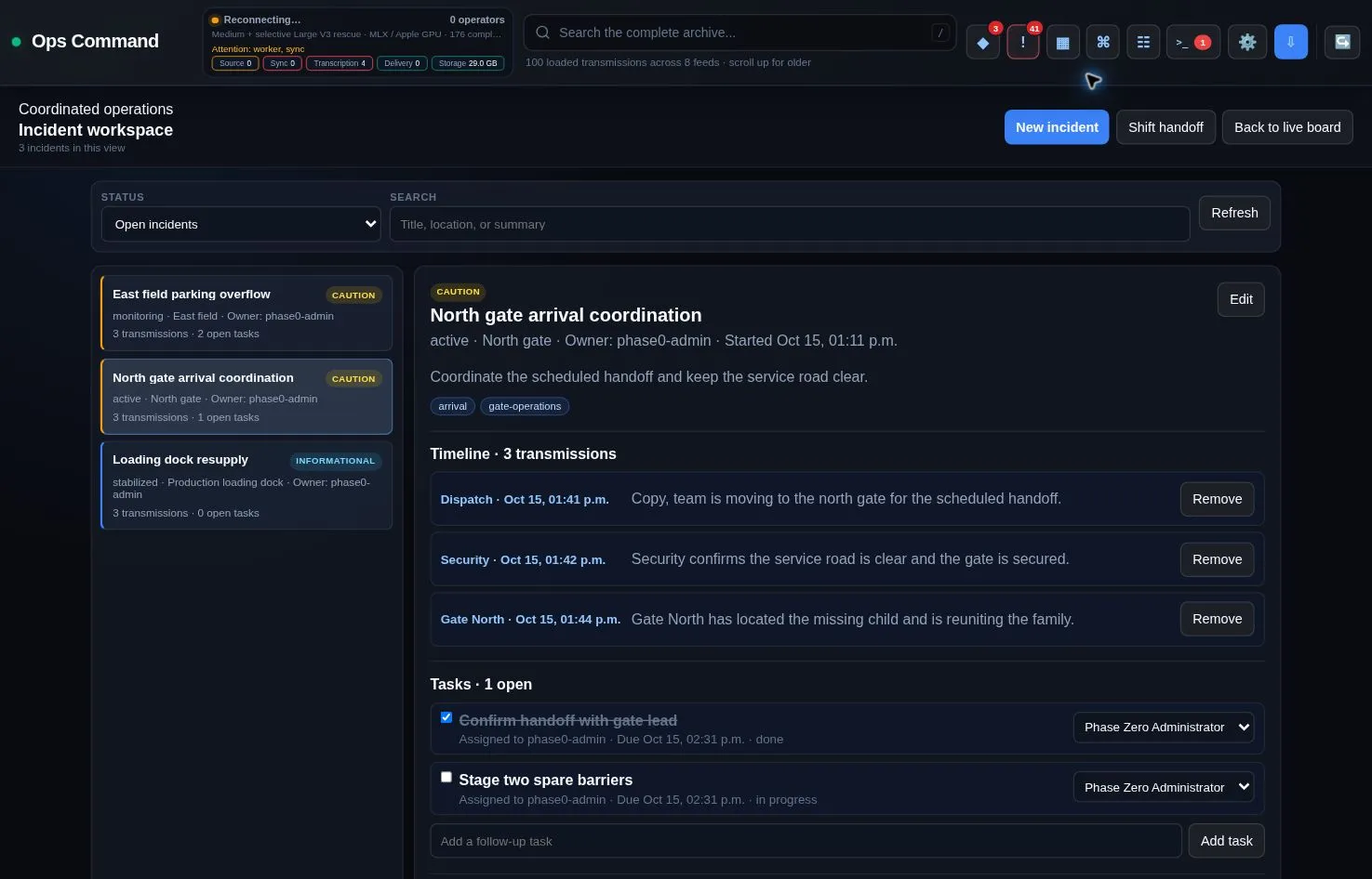 Radio Command Center screenshot: incident