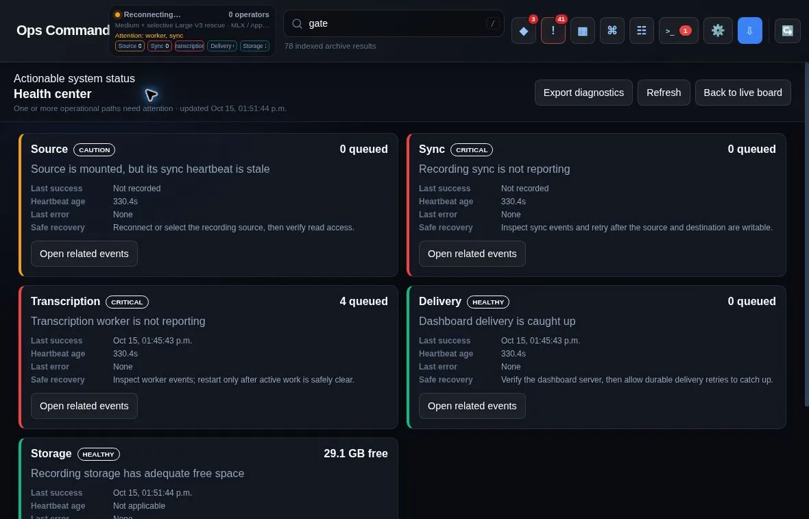 Radio Command Center screenshot: system health